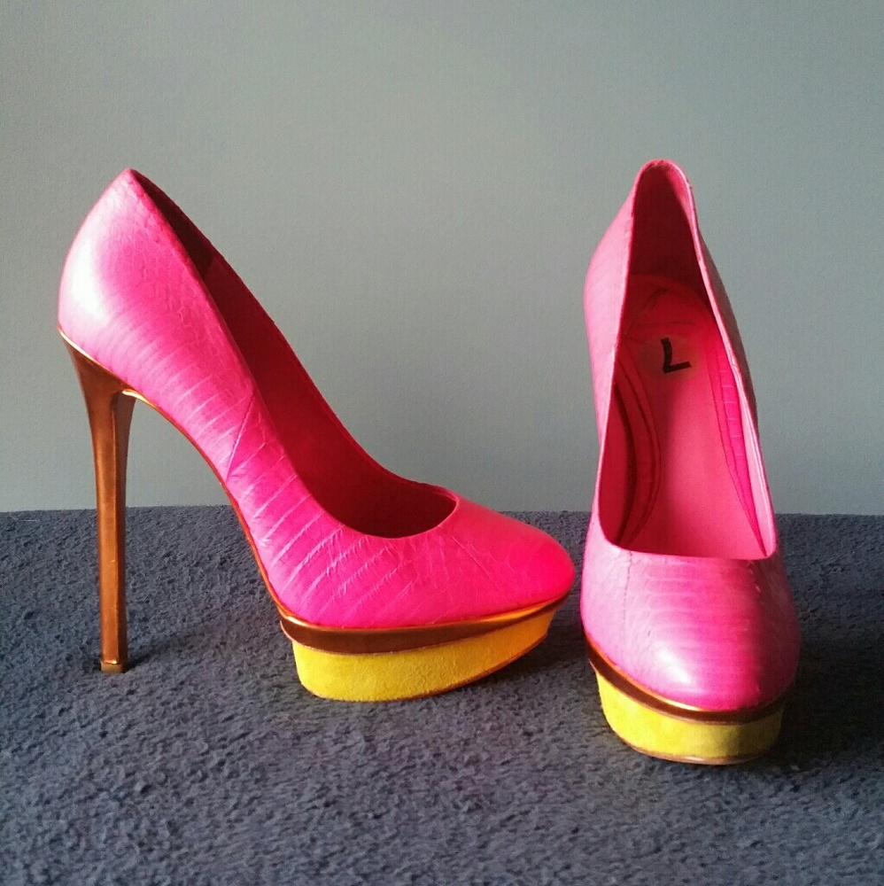 Brian Atwood Pink & Lemon Snake Skin/Suede Heels
